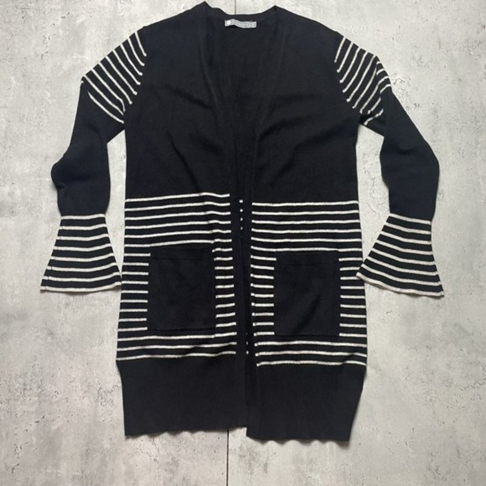 InCashmere Poncho Ruana Womens Sz‎ S Sweater Wrap Black Striped  100% Cashmere